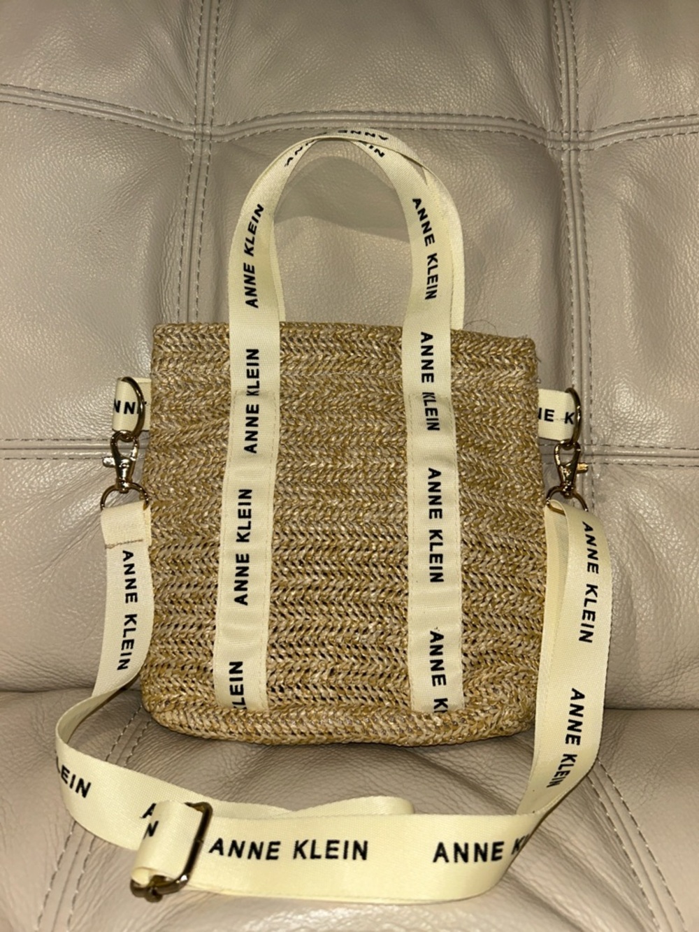 Anne Klein Natural Straw Tote with Cream Branded Straps